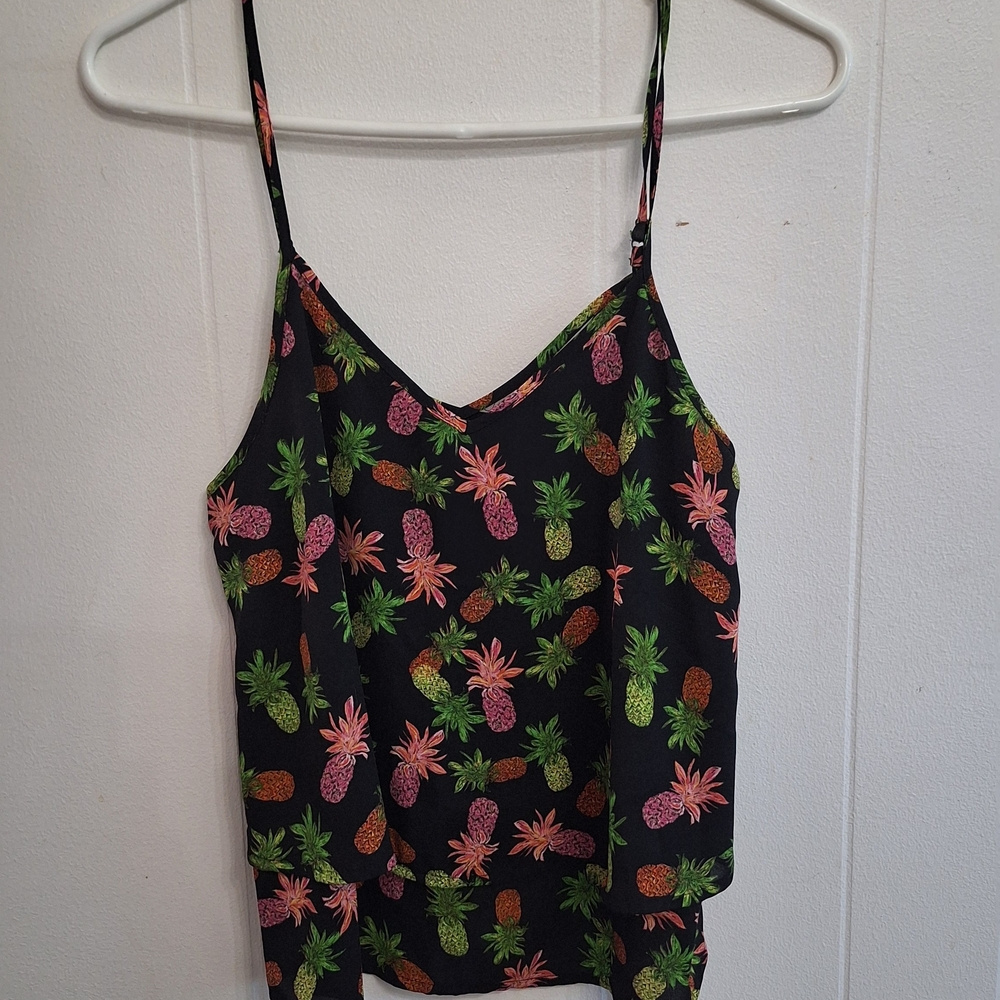 Nanette Lepore Black Camisole with Pink and Green Pineapples